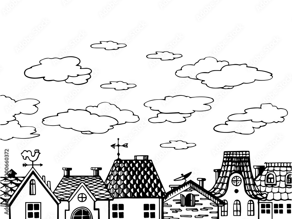 Old houses roof engraving vector illustration Old houses roof engraving vector illustration