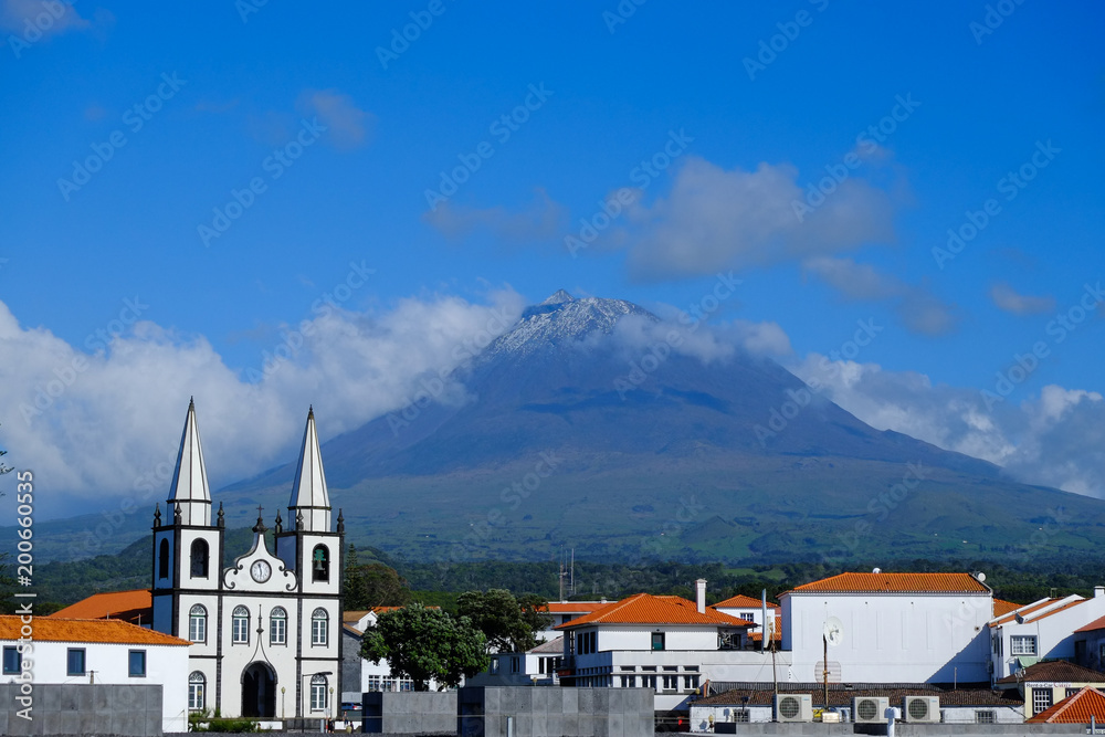 Pico Island view of volcano behind the town of Madalena 