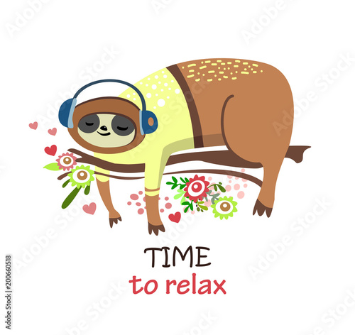 Cute cartoon sloth n the branch. Time to relax Stock Vector | Adobe Stock