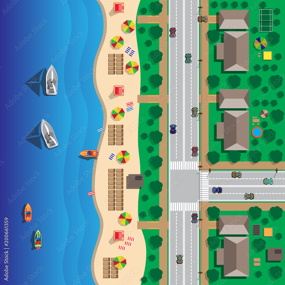 Map of the beach with streets and houses. Umbrellas and lounge chairs on the beachfront. Summer holiday. View from above. Vector illustration.