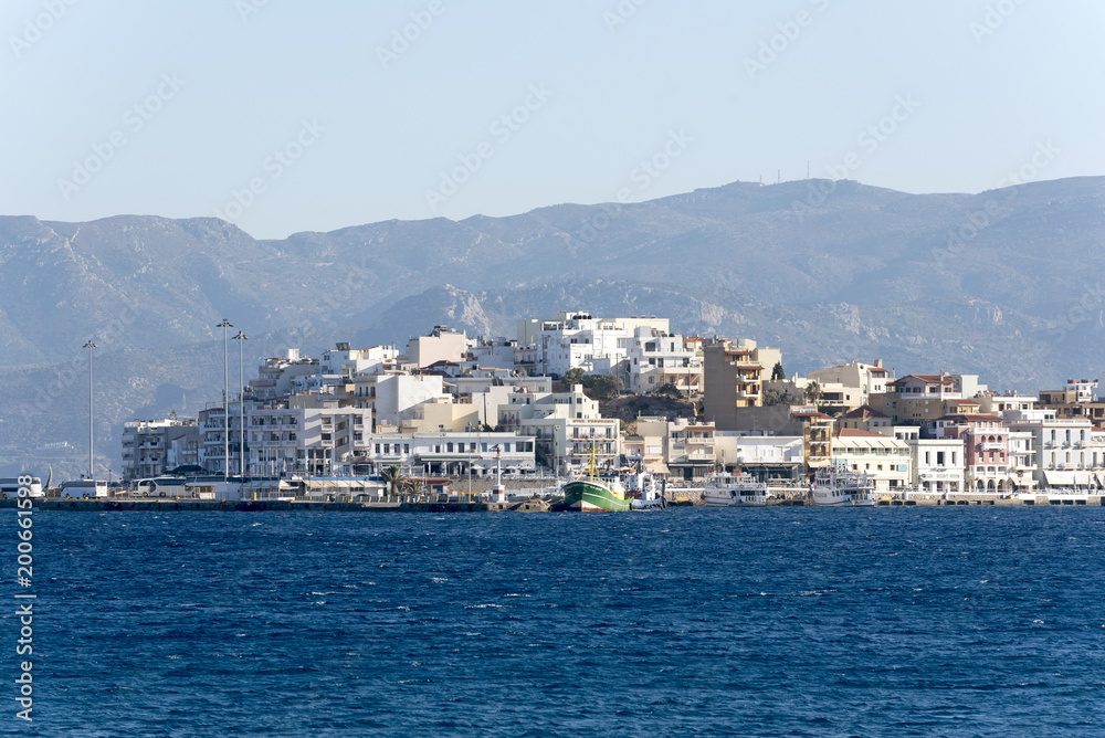Agios Nikolaos harbour viewed from the Gulf of Mirabello, Crete, Greece
