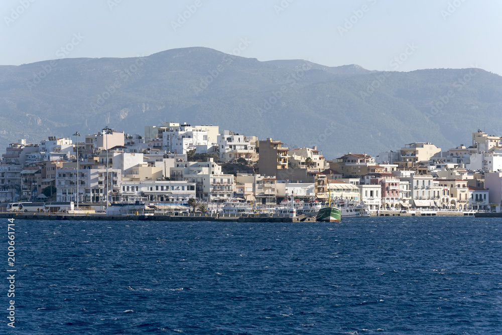 Agios Nikolaos harbour viewed from the Gulf of Mirabello, Crete, Greece