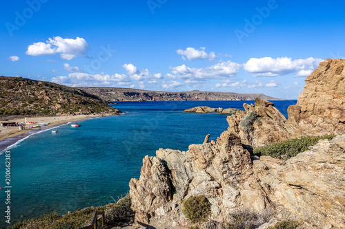 sunny summer day, views of the hill to the Mediterranean Sea, the beach and the coastline. Wonderful blue-green sea water, blue sky with white clouds. © Dainis