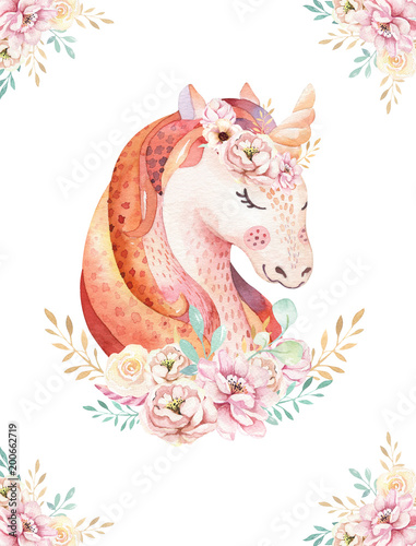Isolated cute watercolor unicorn clipart with flowers. Nursery unicorns illustration. Princess rainbow poster. Trendy pink cartoon pony horse.
