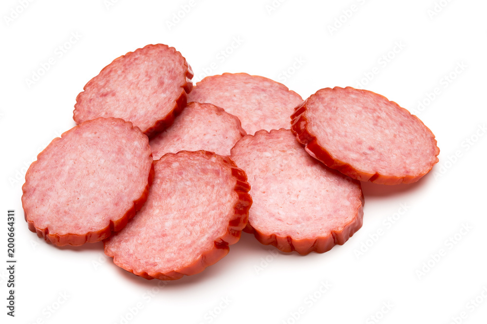 Slices of salami. Isolated on a white background. Slices of salami. Isolated on a white background.