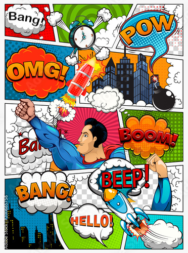 Comic book page divided by lines with speech bubbles, rocket, superhero and sounds effect. Retro background mock-up. Comics template. Vector illustration