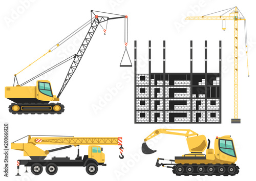 Construction cranes and machinery in project site building houses. Color vector icons set