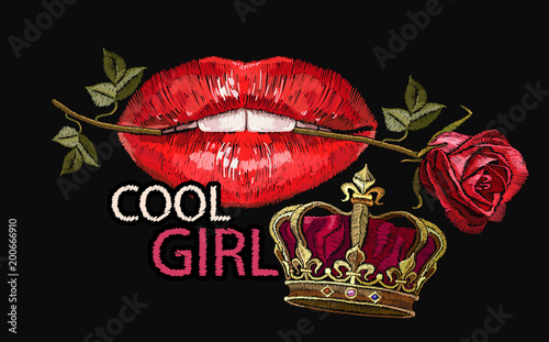 Embroidery female sexy gloss red lips with fresh rose flower in the teeth. Cool girl slogan. Embroidery lips, roses flowers and crown