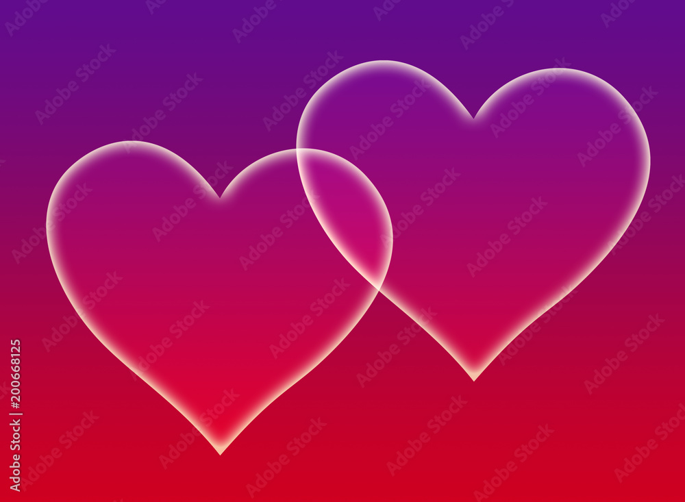 Two hearts. Geometric stylish abstract background in purple and red colors. Card