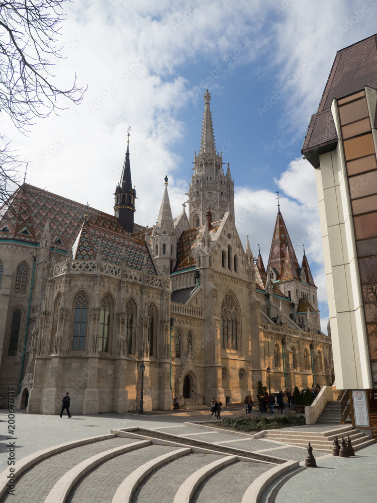 Budapest Hungary-21 March 2016.Matthias Church on Buda hill  filled with tourists