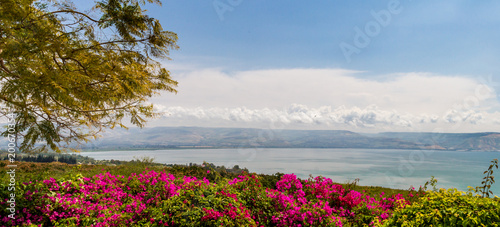 Fotografiet Panoramic view of the sea of Galilee the kinneret lake from the Mount of Beatitu