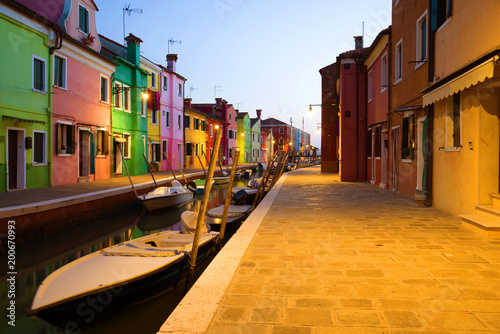 Evening twilight on the urban canal of the Burano island. Venice, Italy © sikaraha