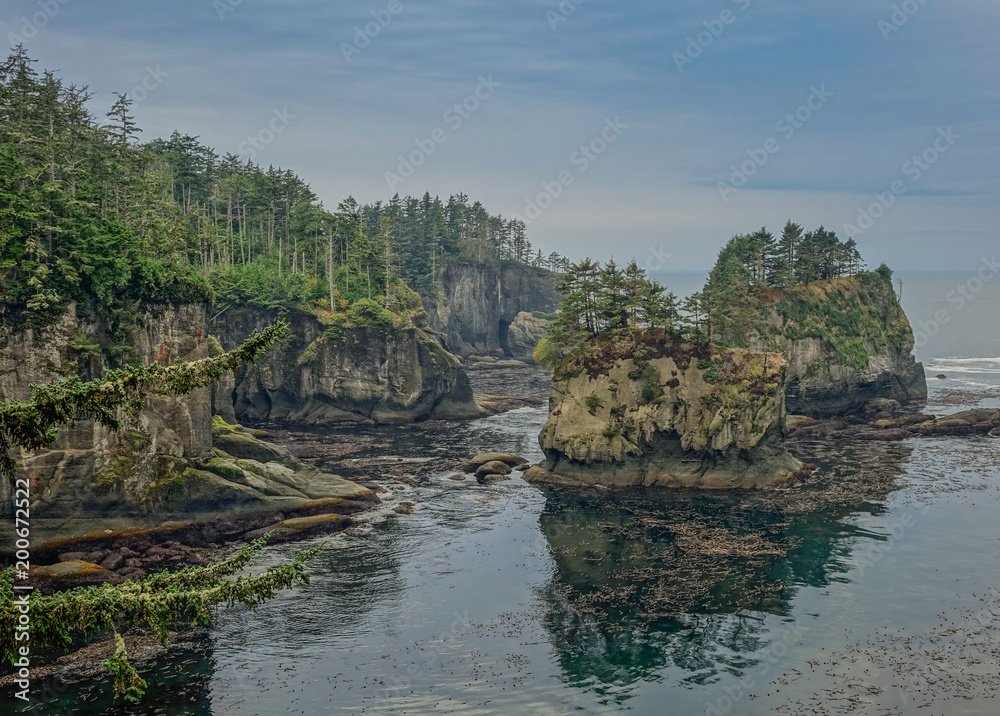 Cape Flattery in Neah Bay, Washington, USA - October 8, 2015: Panoramic of Cape Flattery, view of the coast with two islets facing the coast and a grove of trees around