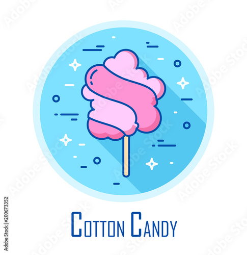 Vector icon with cotton candy in a coloured circle. Vector banner for fast food. Thin line flat design.