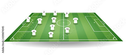 Top and side view of football field with team players t-shirt. Textured soccer field in perspective. Green tactic mockup. Vector illustration.