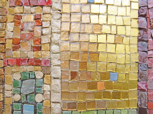 Gold, Bright and Colorful Square Mosaic. Beautiful Mosaic, Background of Mosaic. For Your Design, Templates, Postcards, Decoration