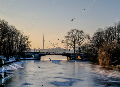 winter in Hamburg, Germany; sunset in the coast; bridge 