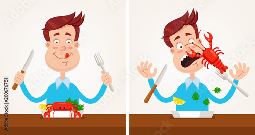Happy smiling man gourmet character gourmet is going to eat roasted grilled lobster dish and holding knife fork. Crab attack and bite nose. Cooking sea meat food dish culinary concept. Vector flat