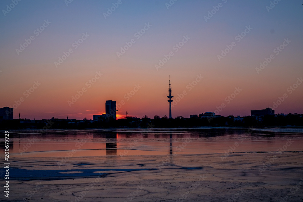 Hamburg cityscape ,sunset on the coast, TV tower Hamburg