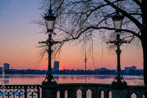 sunset in Hamburg, Germany, coast, tv tower and old street lamps