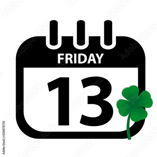 Friday 13th Calendar With Green Clover - Black Vektor Illustration - Isolated On White Background