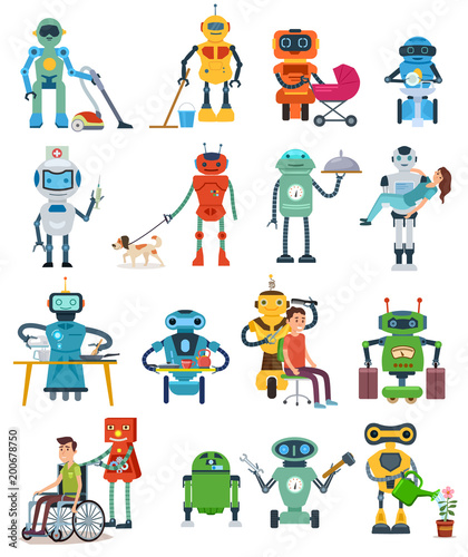 Set of Robot characters isolated on white background. Robots assistant gardener, nurse, governess, rescuer and waiter. Vector illustration © Vectordreamteam