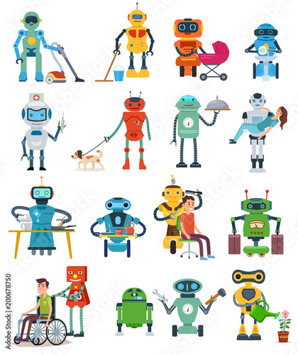 Set of Robot characters isolated on white background. Robots assistant gardener, nurse, governess, rescuer and waiter. Vector illustration
