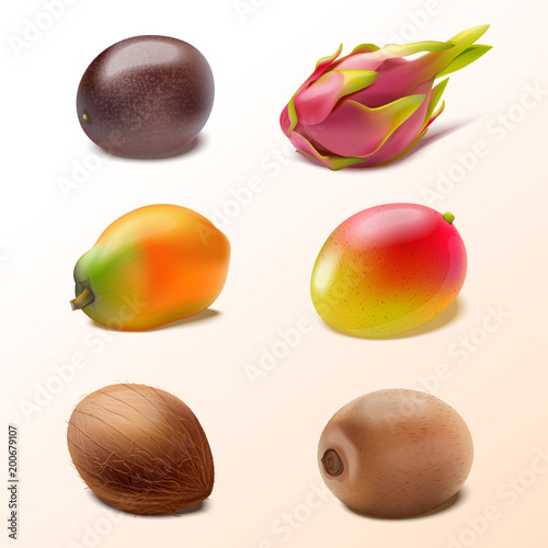 Set of isolated tropical fruits passion fruit, pitaya, mango, coconut, papaya, kiwi