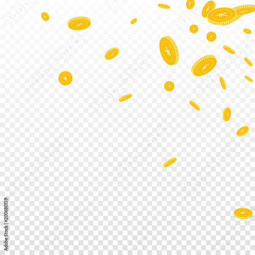 Chinese yuan coins falling. Scattered disorderly CNY coins on transparent background. Beautiful scattered top right corner vector illustration. Jackpot or success concept.
