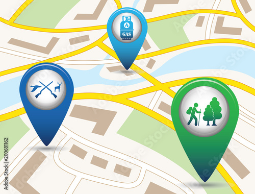 Set of tourism service map pointers on map