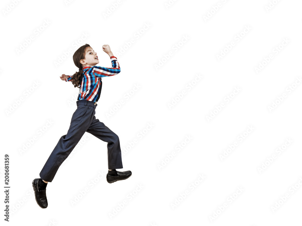 Boy preschooler jumping isolated on white background