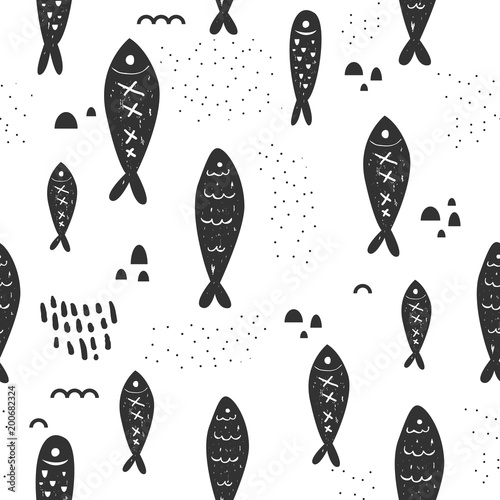 Childish Nautical Seamless Patterns with Cute Fish. Underwater Creatures Background for Fabric, Wallpaper, Wrapping Paper. Vector illustration