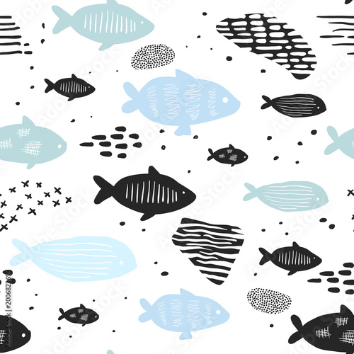 Childish Nautical Seamless Patterns with Cute Fish. Underwater Creatures Background for Fabric, Wallpaper, Wrapping Paper. Vector illustration