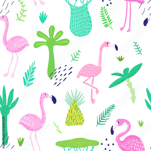 Tropical Seamless Pattern with Cute Flamingo and Palm Leaves. Childish Summer Background for Wallpaper  Fabric  Wrapping Paper  Decoration. Vector illustration