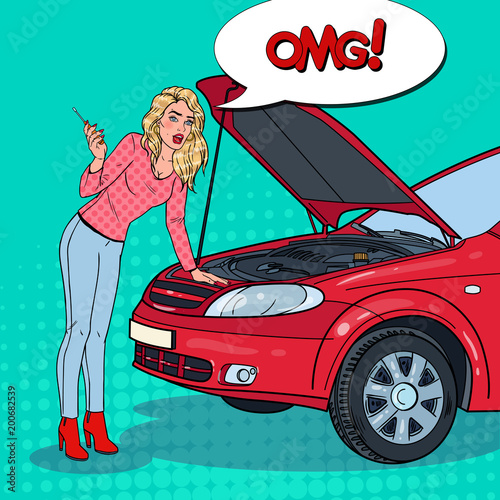 Pop Art Blonde Woman with Broken Car. Engine Breakdown. Vector illustration