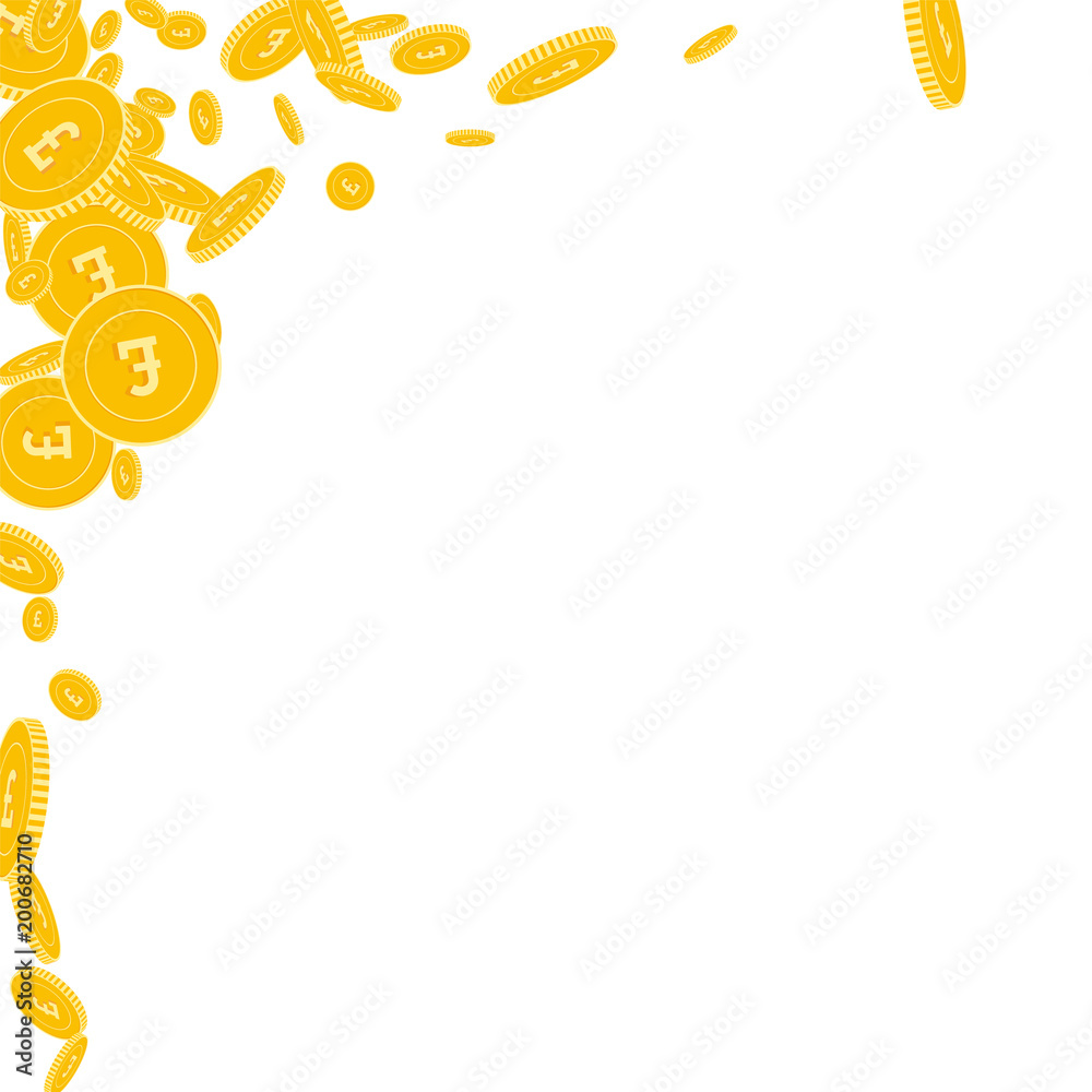 British pound coins falling. Scattered floating GBP coins on white background. Authentic abstract left top corner vector illustration. Jackpot or success concept.