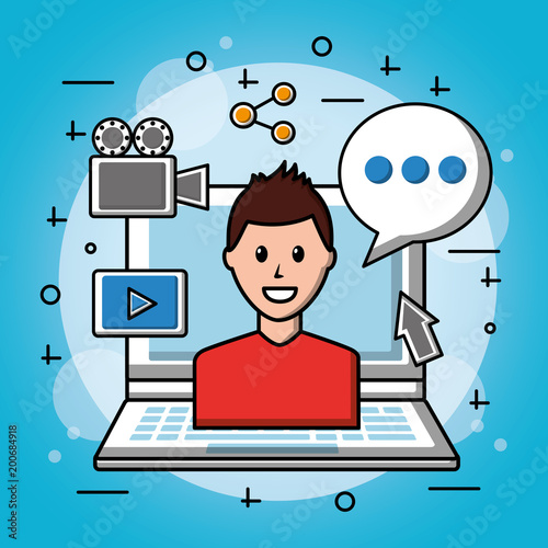 people social media boy with red shirt computer cinematographic camera tools vector illustration