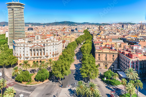 Aerial view of La Rambla pedestrian mall, Barcelona, Catalonia, Spain photo