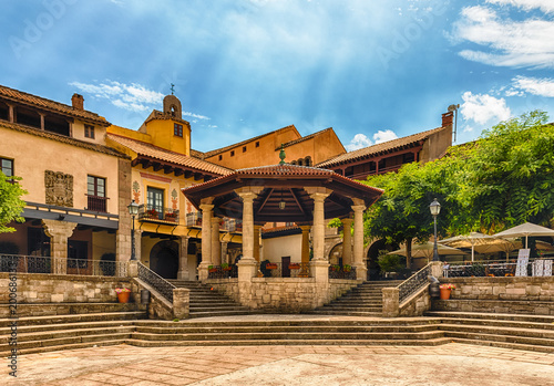 Plaza Mayor, main square in Poble Espanyol, Barcelona, Catalonia, Spain