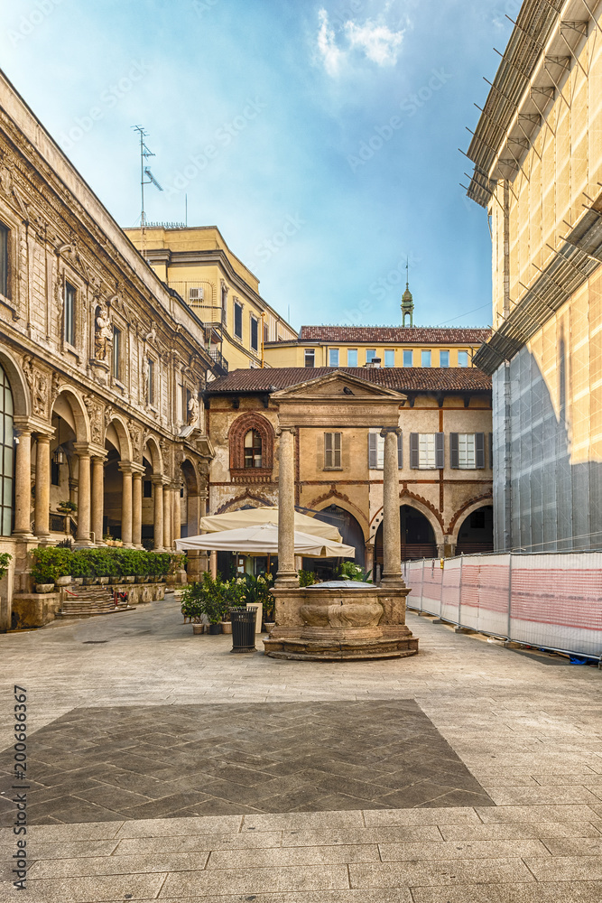 The scenic Piazza Mercanti (Merchants' Square) in Milan, Italy
