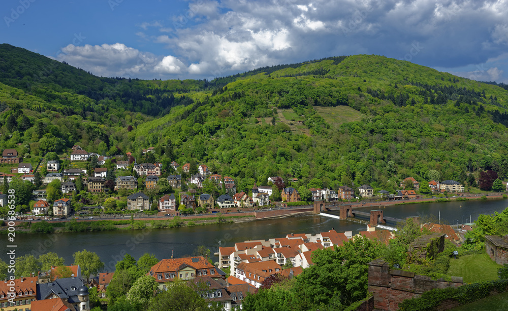 Overlook from the ruins of Heidelberg Castle of the buildings and weir on the River Neckar in Baden-Wurttemberg, Germany