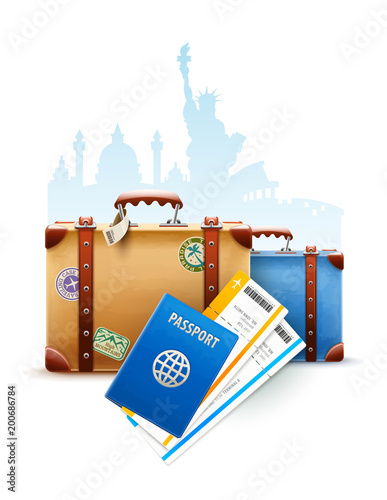 Retro suitcases, passport and air flight tickets for travel.