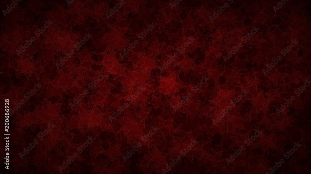 Abstract dark background of translucent stars with light outlines. Red shaded backdrop with randomly distributed geometric shapes.