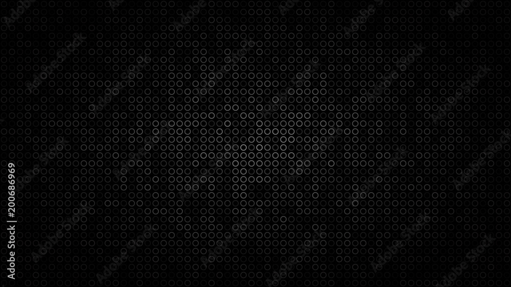 Abstract dark background of small rings in shades of black and gray colors.