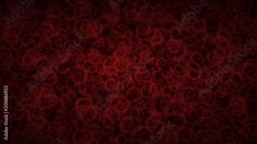 Abstract dark background of translucent spirals with light outlines. Red shaded backdrop with randomly distributed geometric shapes.