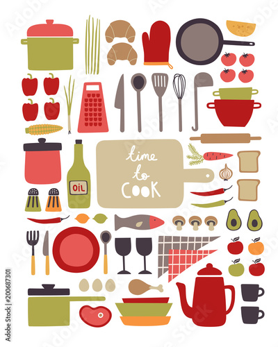 Vector set of kitchenware and food ingredients
