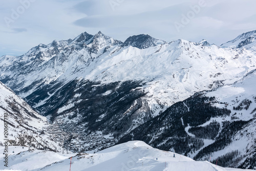 Mountain tops. Alpine mountains. Ski resort view