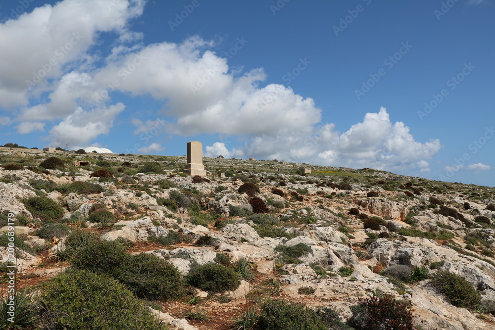 Surroundings of Ħaġar Qim Temple and Mnajdra Temple at the Mediterranean Sea in Malta 