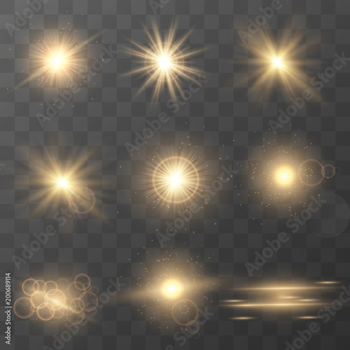 Set of golden glowing lights effects isolated on transparent background. Glow light effect. Star burst with sparkles. lens flare.Sun rays.