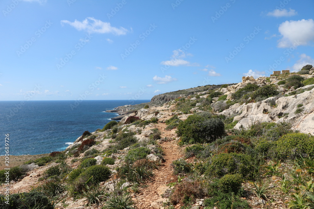 Coastal landscape between Qrendi and Għar Lapsi on the Mediterranean Sea at Island Malta